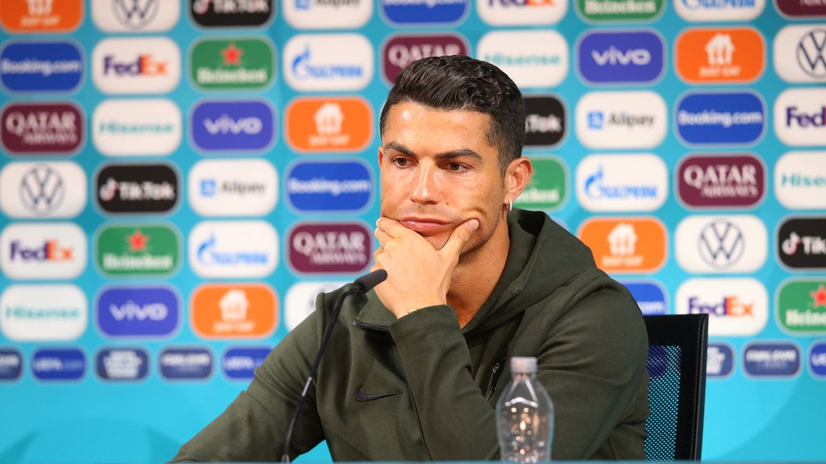 BUDAPEST, HUNGARY - JUNE 14: In this Handout picture provided by UEFA, Cristiano Ronaldo of Portugal speaks to the media during the Portugal Press Conference ahead of the Euro 2020 Group F match between Hungary and Portugal at Puskas Arena on June 14, 2021 in Budapest, Hungary. (Photo by UEFA/UEFA via Getty Images)