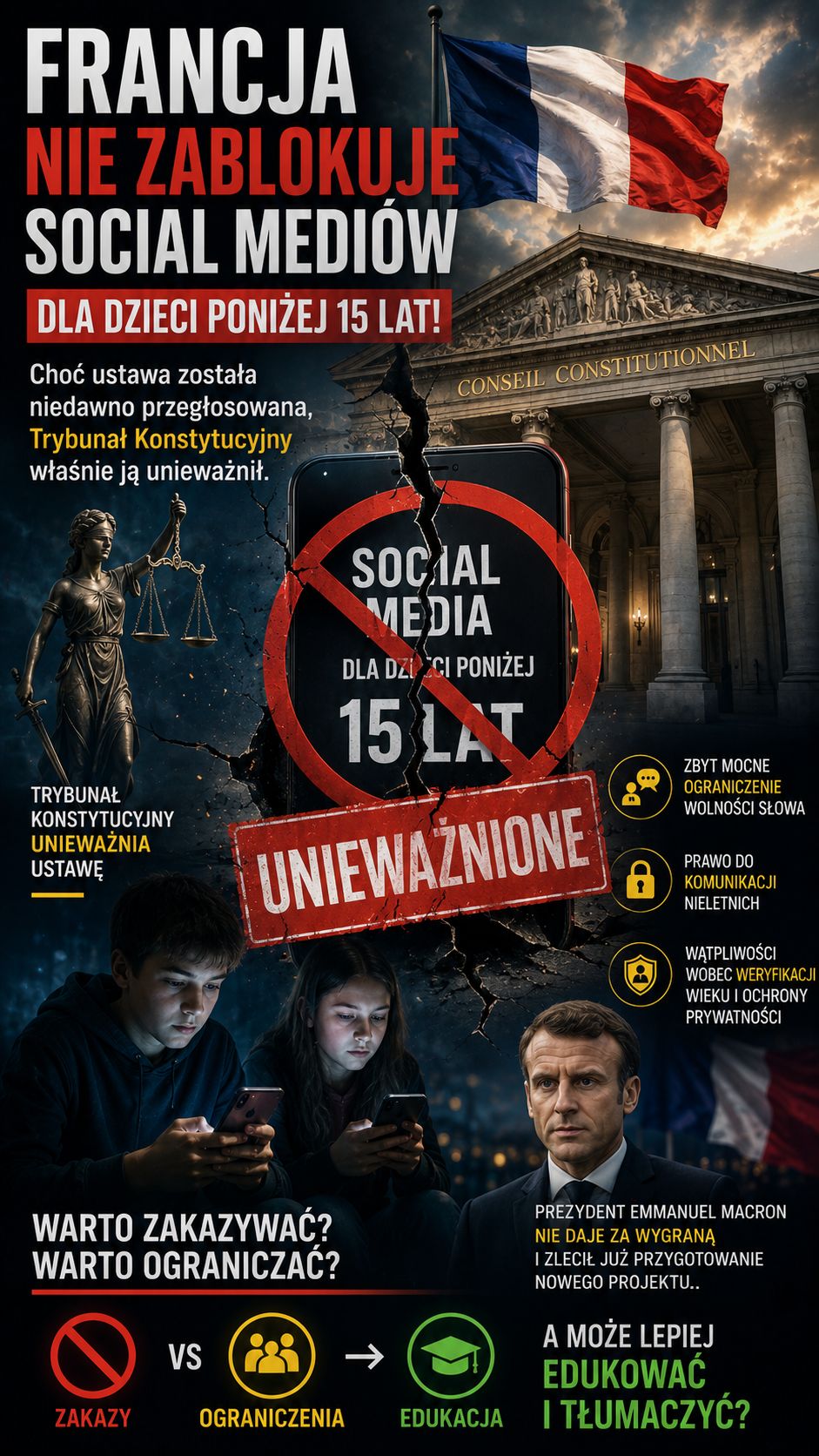Francuski Trybunał Konstytucyjny zablokował zakaz social mediów dla osób poniżej 15 lat