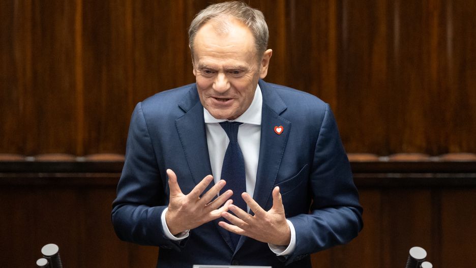 Donald Tusk is participating in the parliamentary debate on the appointment of his government in Warsaw, Poland, on December 12, 2023. (Photo by Foto Olimpik/NurPhoto via Getty Images)