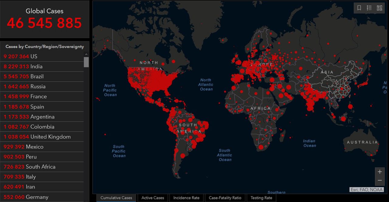 Mapa zakażeń koronawirusem na świecie [02.11.2020]