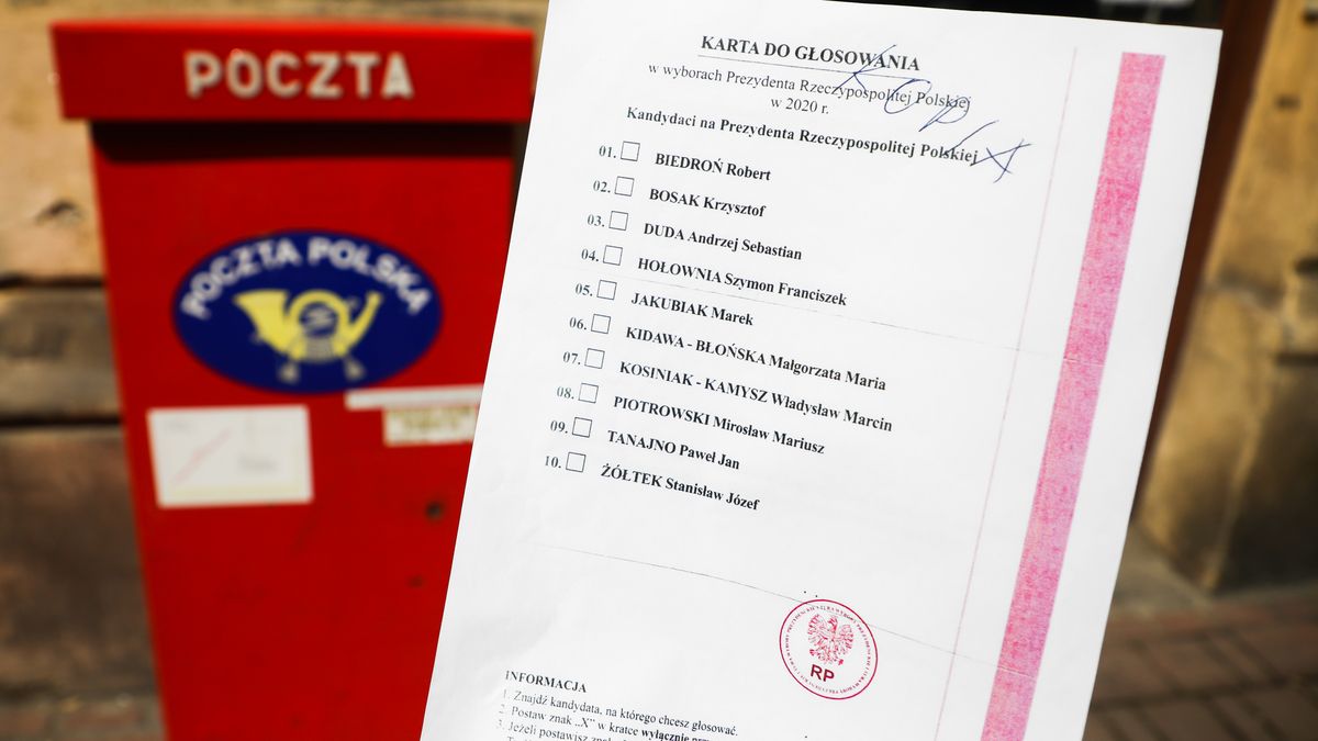 A copy of the 'election package' documents is photographed for illustration photo with Poczta Polska mailbox in the background. Krakow, Poland on May 2nd, 2020.  A voting package leaked in the upcoming correspondence election with a full list of candidates for Presidential office and with name and surname statement on secret voting. Despite coronavirus pandemic, Poland's government plans to hold the presidential election on May 10 in the form of a correspondence vote. (Photo by Beata Zawrzel/NurPhoto via Getty Images)