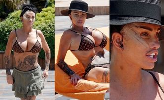 Pokiereszowana Katie Price wygrzewa się w bikini Louis Vuitton po szóstym liftingu twarzy (ZDJĘCIA)