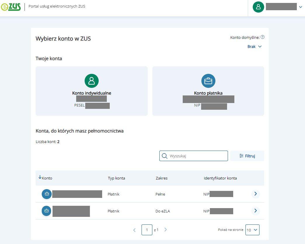 Wybór roli po zalogowaniu do eZUS