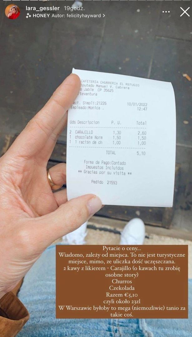 Lara Gessler pokazała paragon z hiszpańskiej kawiarni