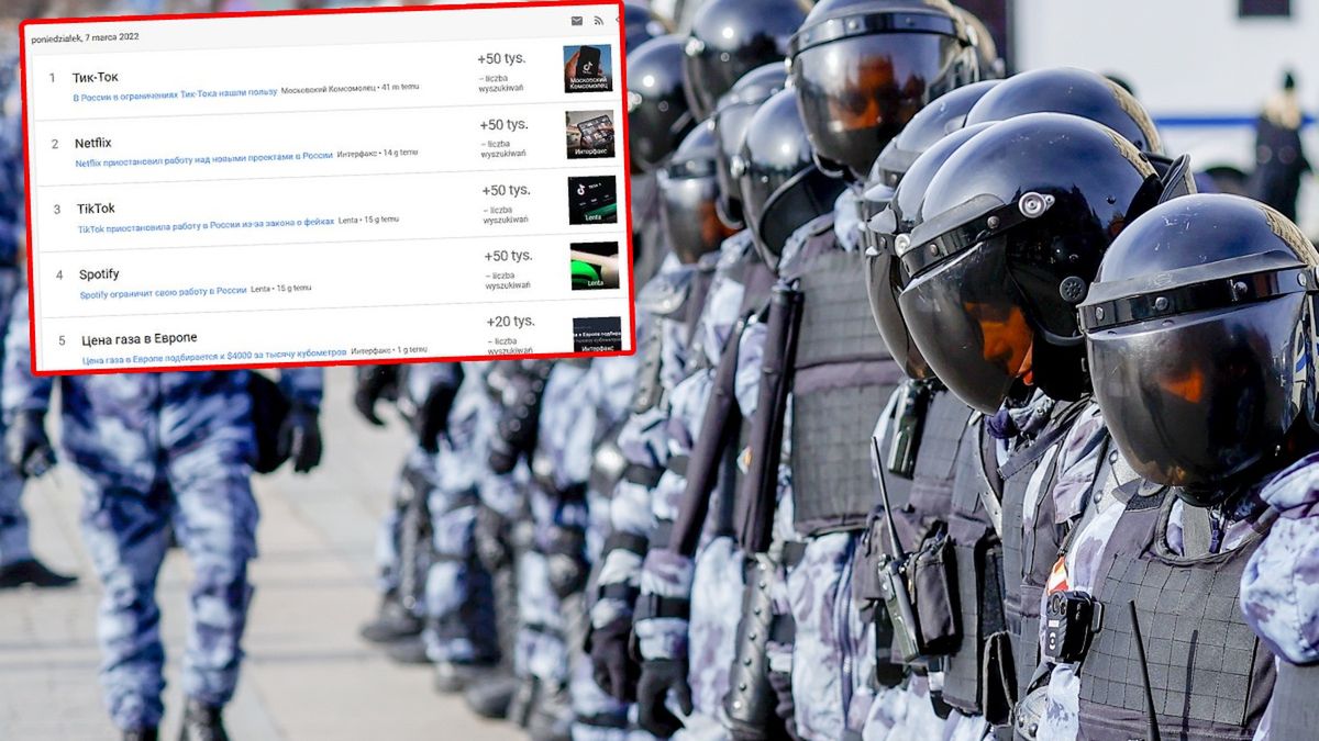 Najpopularniejsze wyszukiwania w Rosji według Google Trends. Na zdjęciu rosyjskie służby podczas protestu antywojennego w Moskwie 
