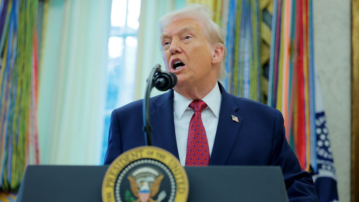 WASHINGTON, DC - DECEMBER 15: U.S. President Donald Trump speaks to reporters after a ceremony for the presentation of the Mexican Border Defense Medal in the Oval Office of the White House on December 15, 2025 in Washington, DC. During the ceremony, Trump recognized the first 13 service members to receive the recently established Mexican Border Defense Medal (MBDM), which recognizes service members supporting Customs and Border Protection on the U.S.-Mexico border. (Photo by Anna Moneymaker/Getty Images)