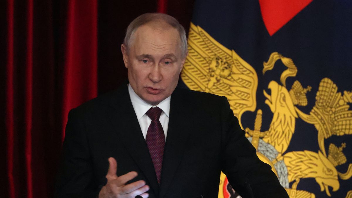 MOSCOW, RUSSIA - MARCH 20: (RUSSIA OUT) Russian President Vladimir Putin gestures during the Expanded Board Meeting at the Interior Ministry on March 20, 2023, in Moscow, Russia. Putin delivered an annual speech to top officers of the Interior Ministry and urged to stop illegal street actions and the spread of "extremist ideology". (Photo by Contributor/Getty Images)