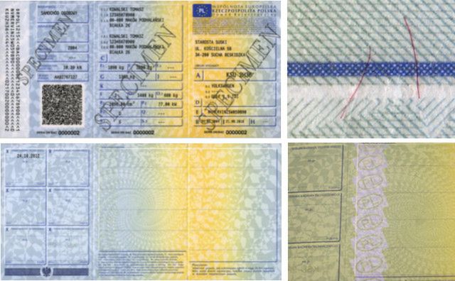 Obecny wzór dowodu rejestracyjnego. Część zabezpieczeń widoczna jest dopiero pod szkłem powiększającym lub lampą UV
