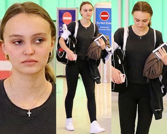 Zmęczona Lily-Rose Depp w stylizacji na podróż