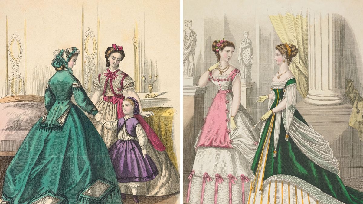 Rysunki kobiet w zabytkowych strojach