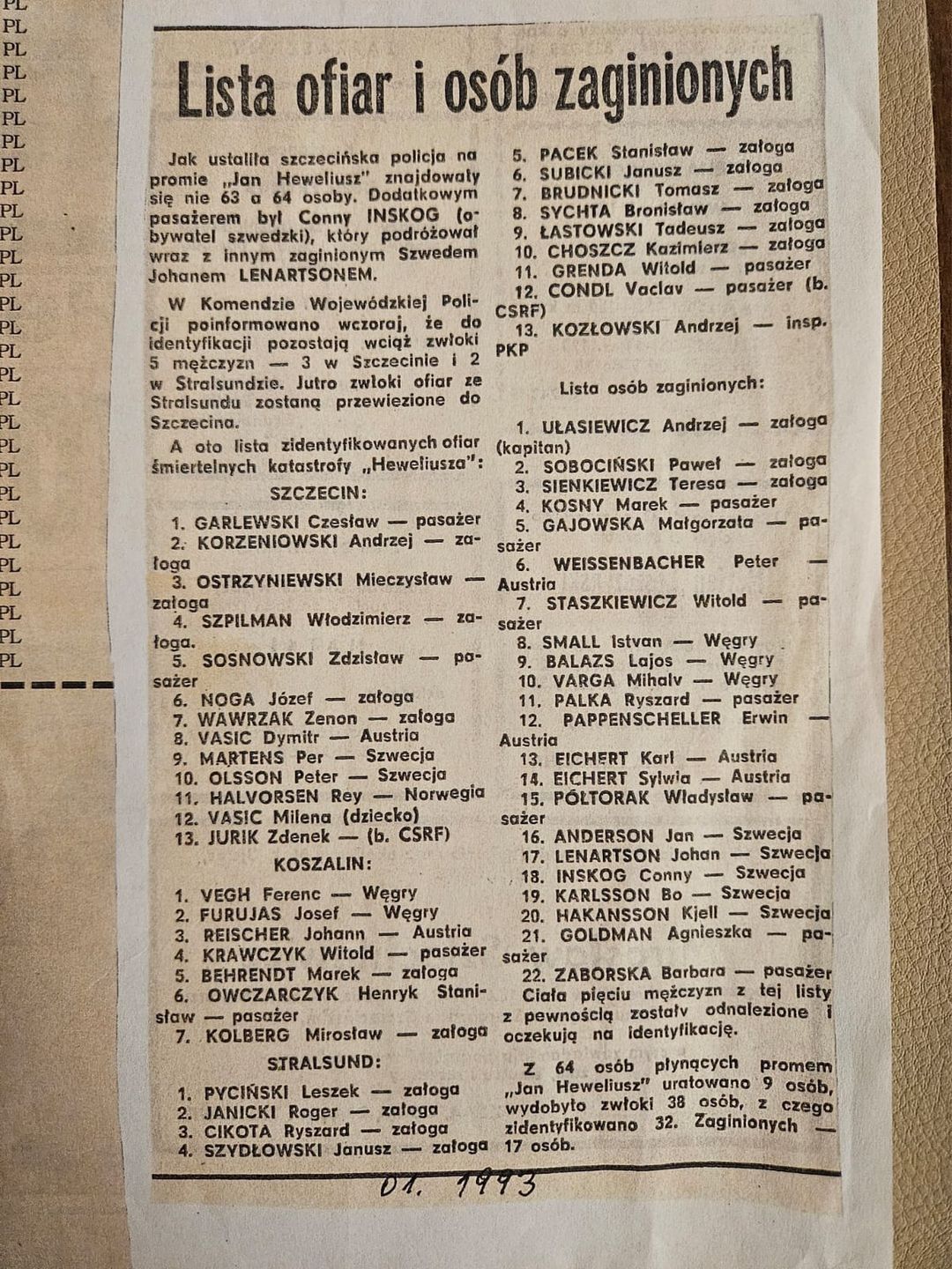 Pierwsza, wydrukowana w prasie niepełna lista ofiar w "Kurierze 