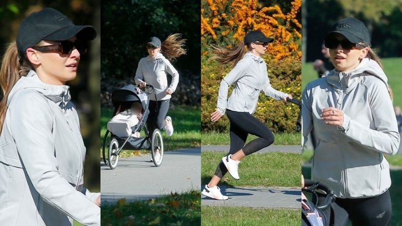 Anna Lewandowska z Laurą w wózku biega po Polu Mokotowskim