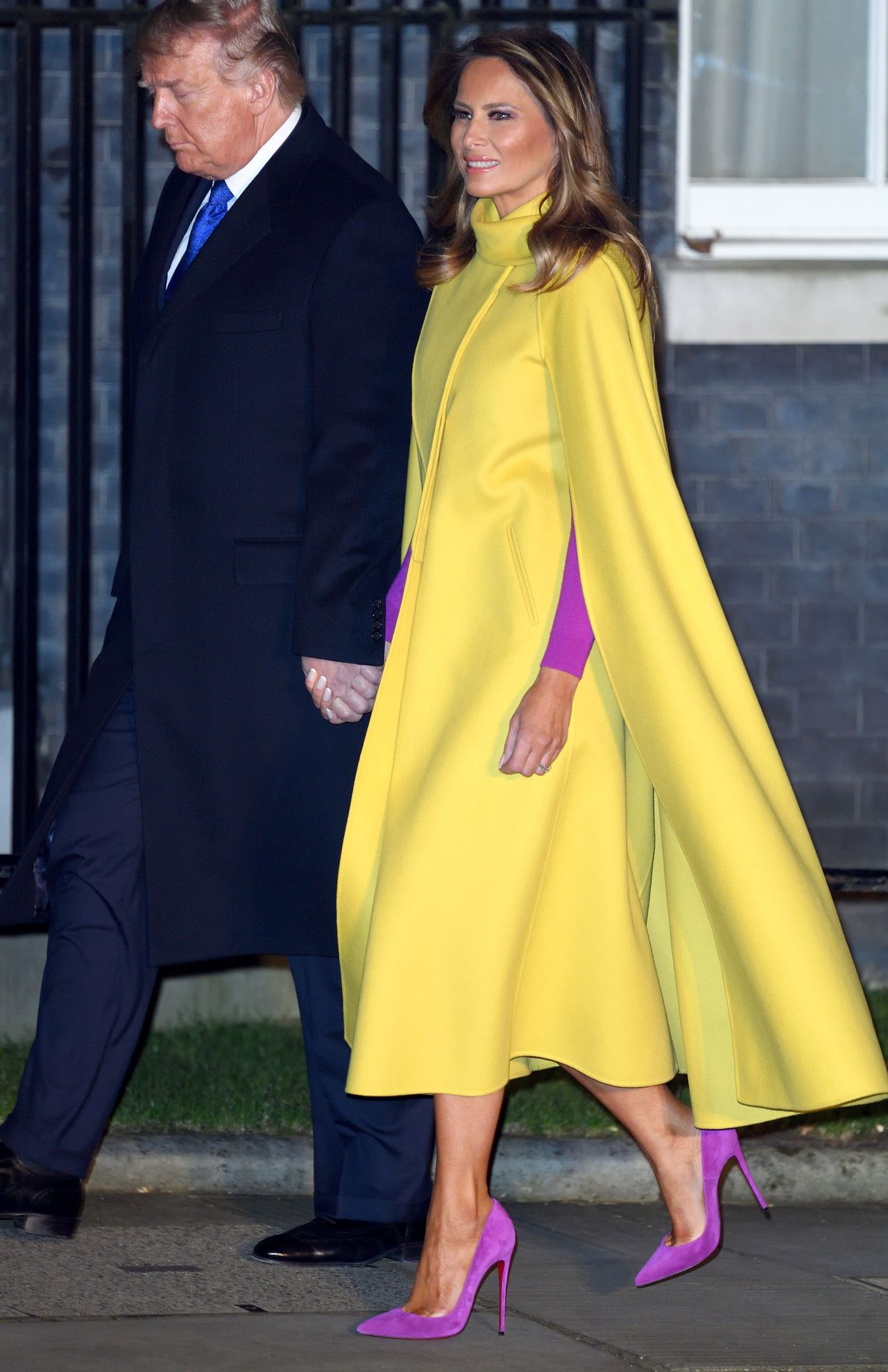 LONDON, ENGLAND - DECEMBER 03: U.S. President Donald Trump and First Lady Melania Trump arrive to attend a reception to mark the 70th anniversary of the forming of the North Atlantic Treaty Organisation (NATO) at number 10 Downing Street in London on December 03, 2019 in London, England.  The U.K. is hosting NATO leaders to mark the military alliance's 70th anniversary.  (Photo by Karwai Tang/WireImage)