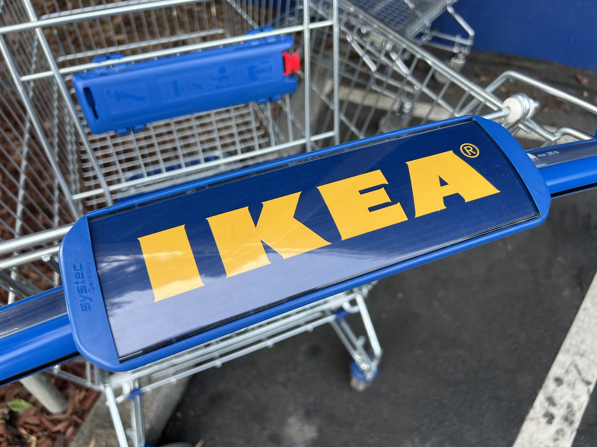 Close-up of IKEA branded shopping cart in the store's parking lot, Emeryville, California, January 27, 2024. (Photo by Smith Collection/Gado/Getty Images)