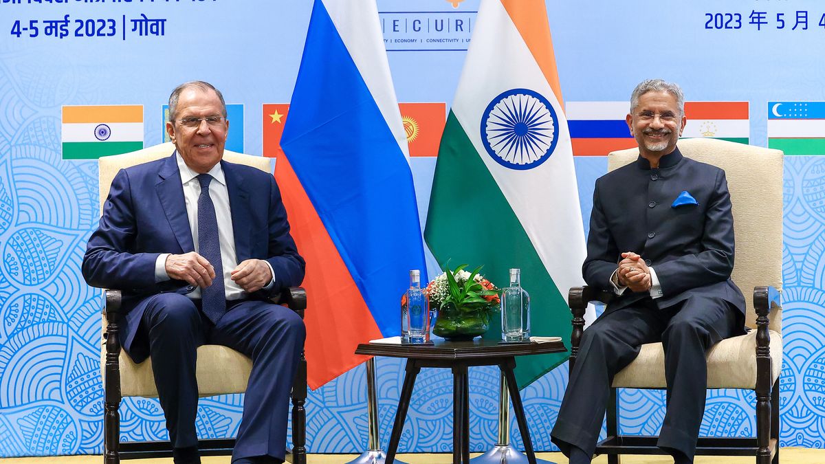 Sergey Lavrov-Subrahmanyam Jaishankar meeting in IndiaGOA, INDIA - MAY 04: (----EDITORIAL USE ONLY â" MANDATORY CREDIT - 'RUSSIAN FOREIGN MINISTRY / HANDOUT' - NO MARKETING NO ADVERTISING CAMPAIGNS - DISTRIBUTED AS A SERVICE TO CLIENTS----) Russian Foreign Minister Sergey Lavrov (L) meets with Foreign Minister of India Subrahmanyam Jaishankar (R) as he visits India for two-day Shanghai Cooperation Organization (SCO) foreign ministersâ meeting in Goa on May 04, 2023. (Photo by Russian Foreign Ministry / Handout/Anadolu Agency via Getty Images)Anadolu2023, Goa city, India, May, SCO, Sergey Lavrov, Subrahmanyam Jaishankar