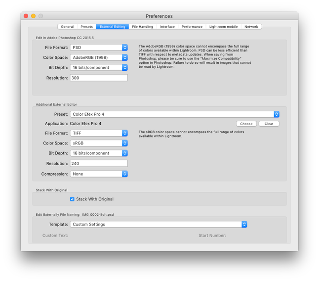 W preferencjach Lightrooma w zakładce external editing zaznacz "Adobe RGB". Dzięki temu, zdjęcia które będą otwierane w zewnętrznych aplikacjach zostaną wyeksportowane w tej przestrzeni barwnej.