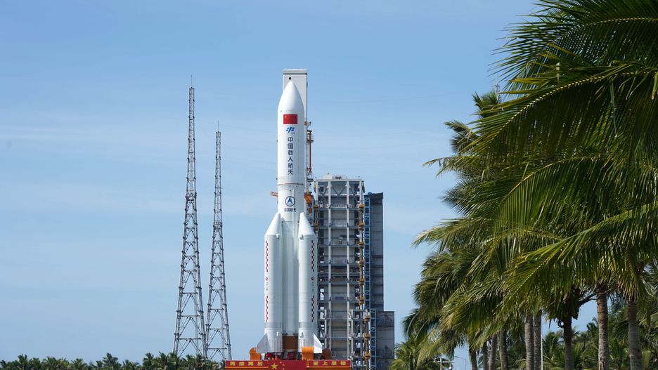 WENCHANG, CHINA - JULY 18, 2022 - The Wentian experimental module and the long march 5B remote three carrier rocket assembly are in transit,, July 18, 2022, Wenchang space launch site, Hainan, China. (Photo credit should read CFOTO/Future Publishing via Getty Images)