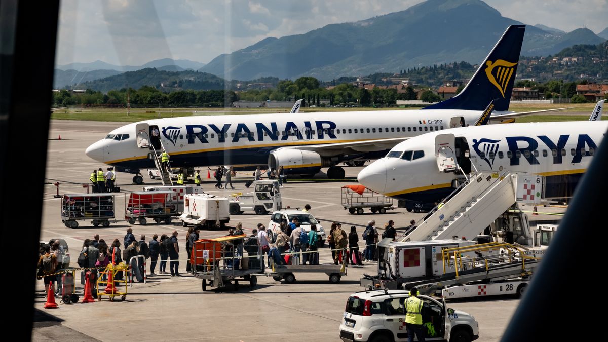 Passengers board a Ryanair airplane at Orio al Serio Airport in Bergamo, Italy, on May 18, 2025. (Photo by Emmanuele Contini/NurPhoto via Getty Images)