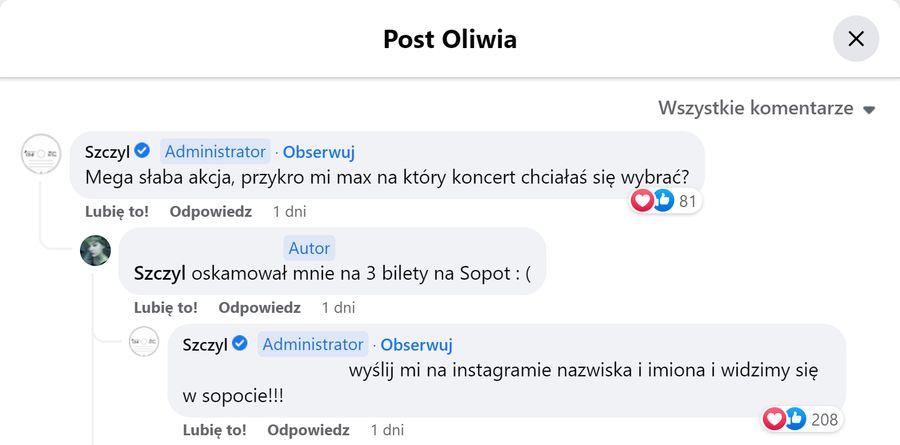 Szczyl osobiście zaprosił fankę na koncert