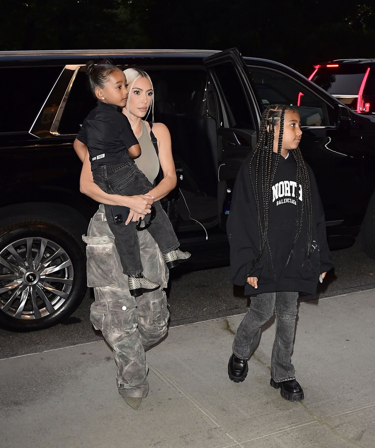 NEW YORK, NY - JULY 12: Chicago West, Kim Kardashian and North West are seen in Midtown on July 12, 2022 in New York City.  (Photo by Raymond Hall/GC Images)