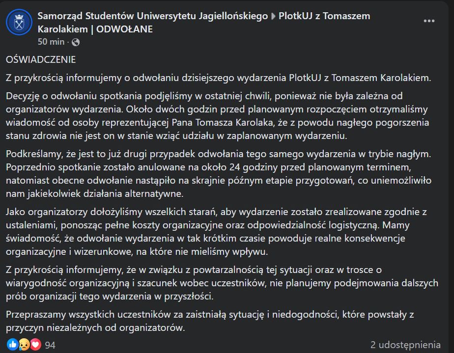 Oświadczenie Samorządu Studentów UJ w Krakowie