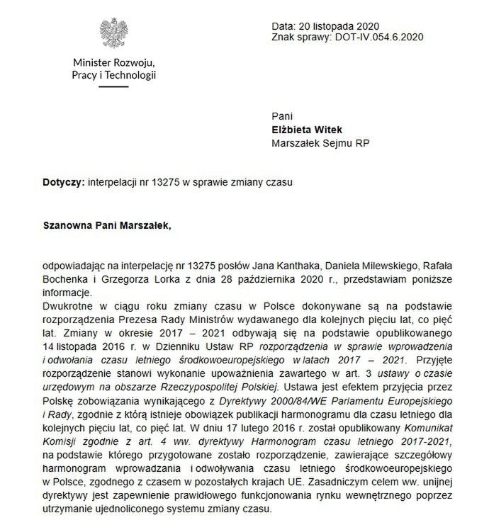 Zmiana czasu. Interpelacja poselska