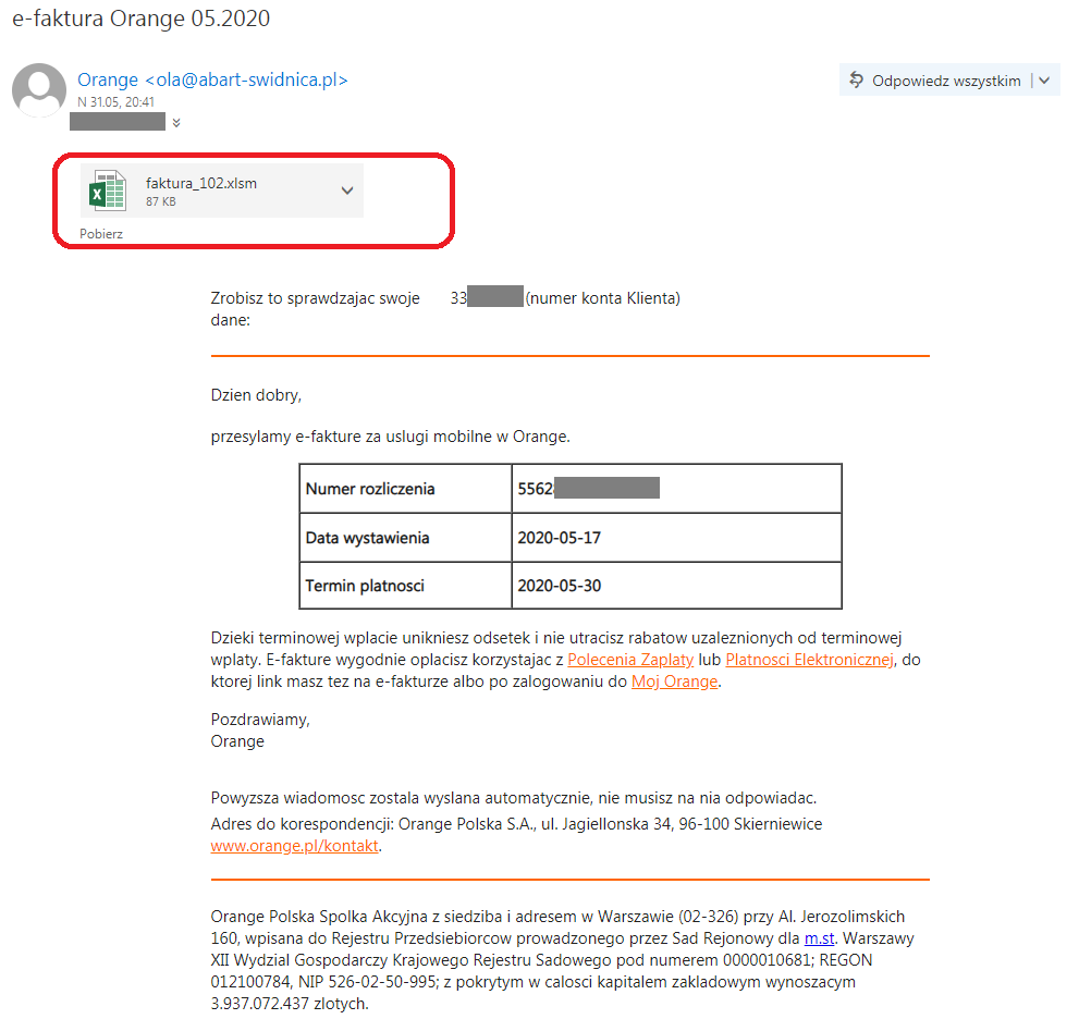 Fałszywy e-mail na pierwszy rzut oka może przypominać prawdziwą wiadomość od Orange, fot. Barnaba Siegel.