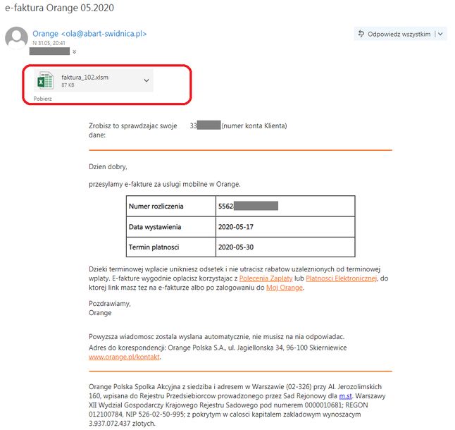 Fałszywy e-mail na pierwszy rzut oka może przypominać prawdziwą wiadomość od Orange, fot. Barnaba Siegel.