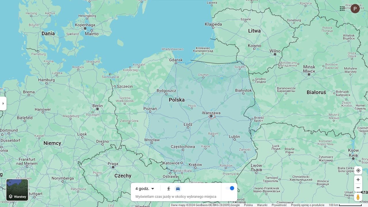 Funkcja "Czas podróży" pozwala określić obszar, do którego możemy dojechać w danym czasie