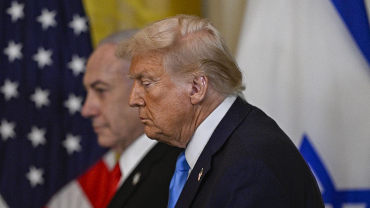 WASHINGTON D.C., UNITED STATES - FEBRUARY 04: United States President Donald Trump and Israeli Prime Minister Benjamin Netanyahu hold a joint press conference in the East Room at the White House in Washington, D.C., United States on February 04, 2025. (Photo by Celal Gunes/Anadolu via Getty Images)