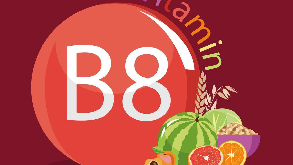 Zdjęcie przedstawia grafikę z witaminą B8 i produktami, w których znajduje się ta witamina