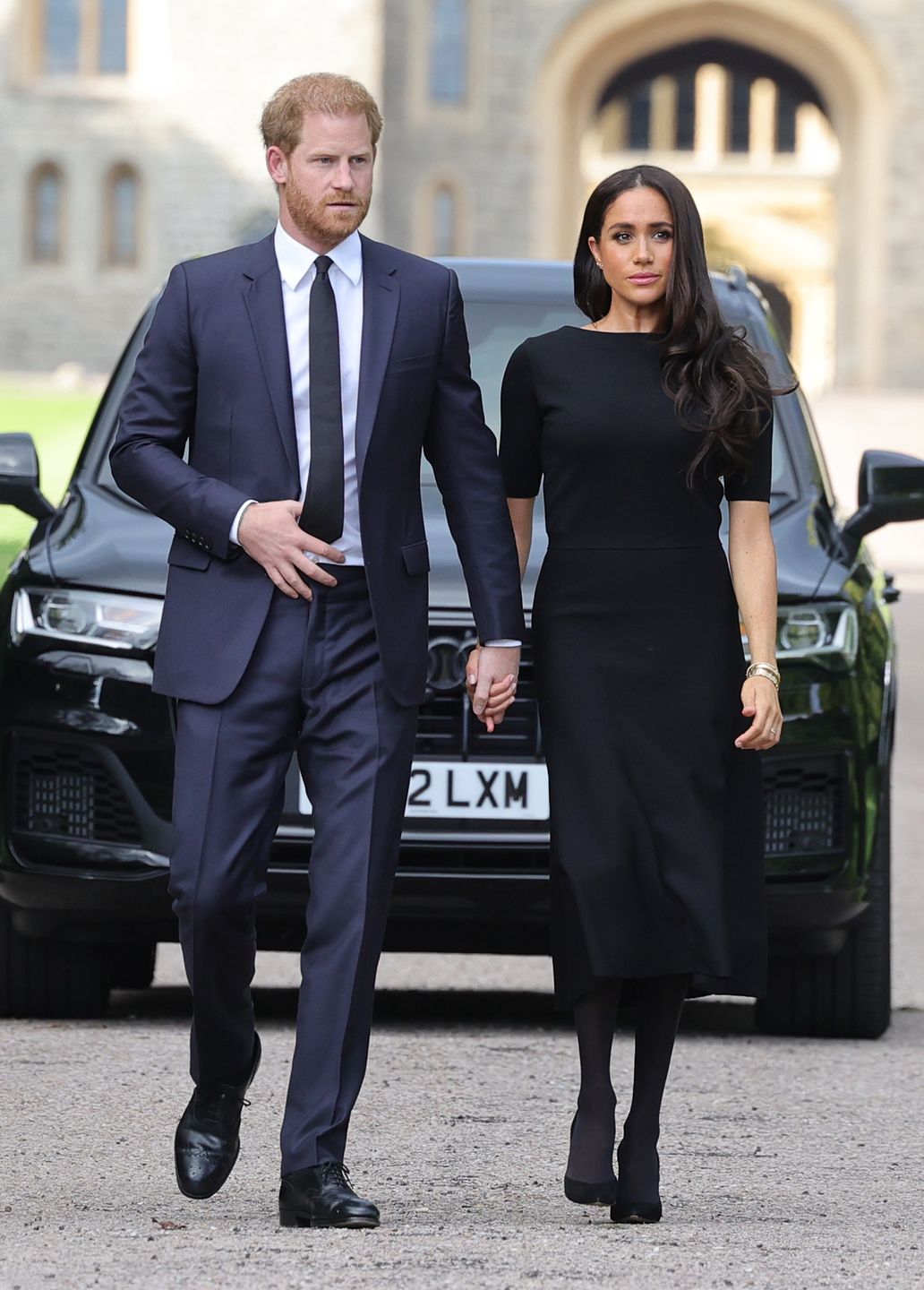 The Prince and Princess of Wales Accompanied By The Duke And Duchess Of Sussex Greet Wellwishers Outside Windsor CastleWINDSOR, ENGLAND - SEPTEMBER 10: Prince Harry, Duke of Sussex, and Meghan, Duchess of Sussex arrive on the long Walk at Windsor Castle arrive to view flowers and tributes to HM Queen Elizabeth on September 10, 2022 in Windsor, England. Crowds have gathered and tributes left at the gates of Windsor Castle to Queen Elizabeth II, who died at Balmoral Castle on 8 September, 2022. (Photo by Chris Jackson/Getty Images)Chris Jacksonbestof, topix