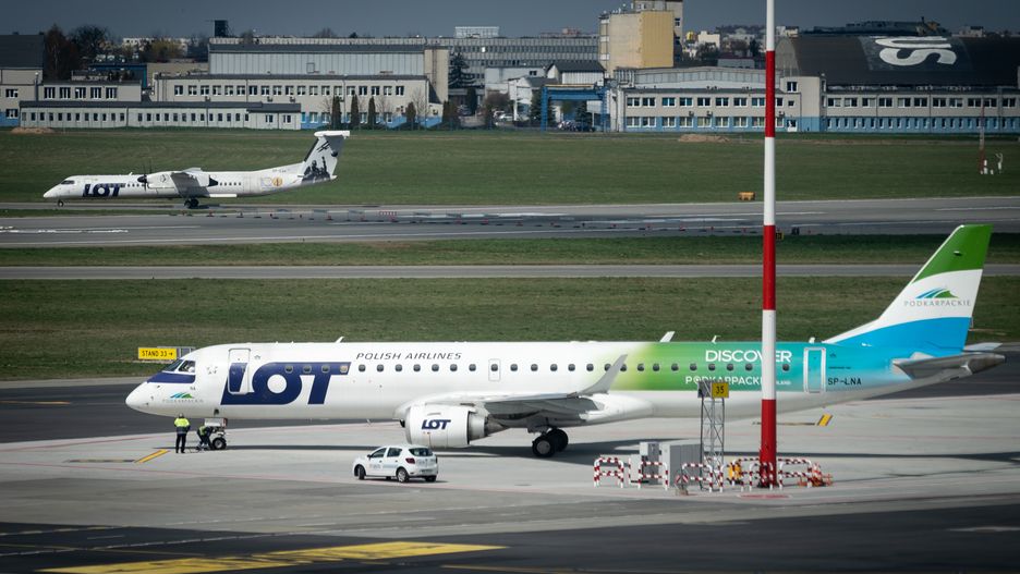 LOT Polish Airlines Embraer ERJ-195 (SP-LNA) at Chopin Airport in Warsaw, Poland on April 22, 2022. The strike and mass resignations of air traffic controllers from the Polish Air Navigation Services Agency result in many delays and canceled flights in Polish airspace. (Photo by Mateusz Wlodarczyk/NurPhoto via Getty Images)