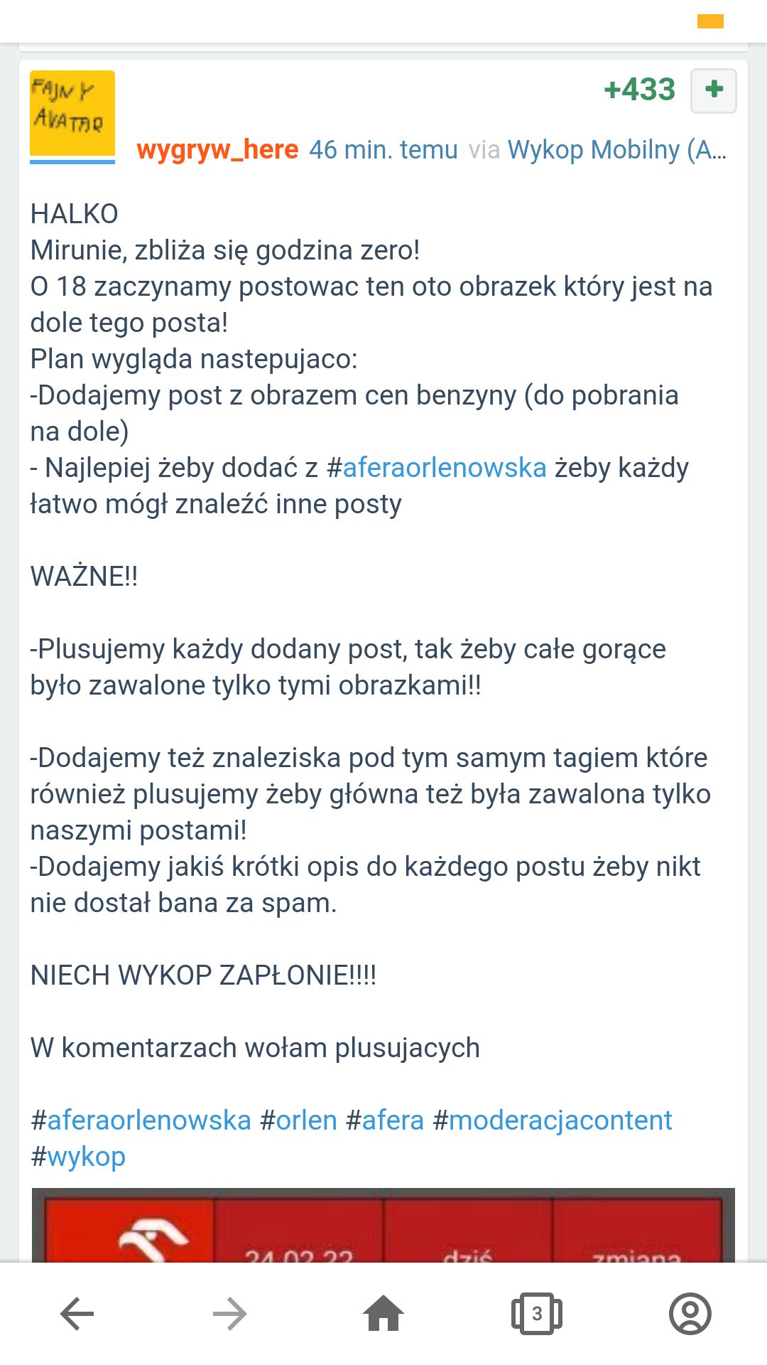 Post zachęcający do protestu użytkowników Wykopu