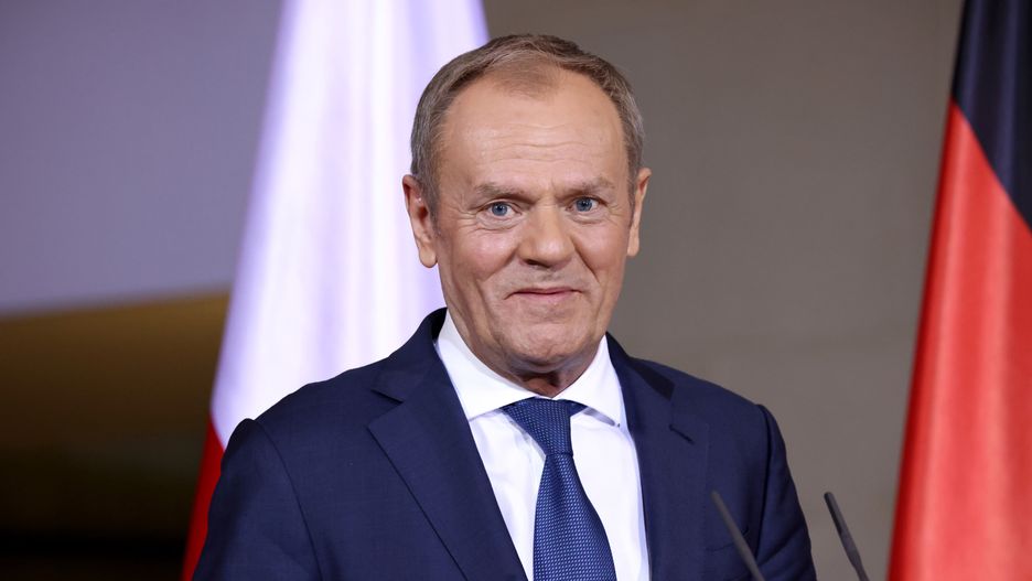 Donald Tusk, Poland's prime minister, during a news conference with Olaf Scholz, Germany's chancellor, at the Chancellery in Berlin, Germany, on Monday, Feb. 12, 2024. The three parties in Germany's unpopular ruling coalition suffered losses in Sunday's partial repeat in Berlin of the 2021 federal election, continuing a national trend that is likely to be repeated in four key votes this year. Photographer: Liesa Johannssen/Bloomberg via Getty Images