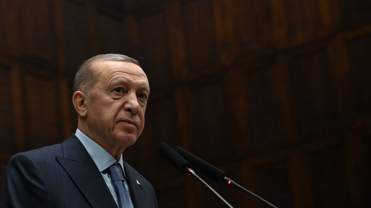 ANKARA, TURKIYE - OCTOBER 25: Turkish President and the leader of the Justice and Development (AK) Party Recep Tayyip Erdogan attends his party's group meeting at the Turkish Grand National Assembly in Ankara, Turkiye on October 25, 2023. (Photo by Mustafa Ciftci/Anadolu via Getty Images)