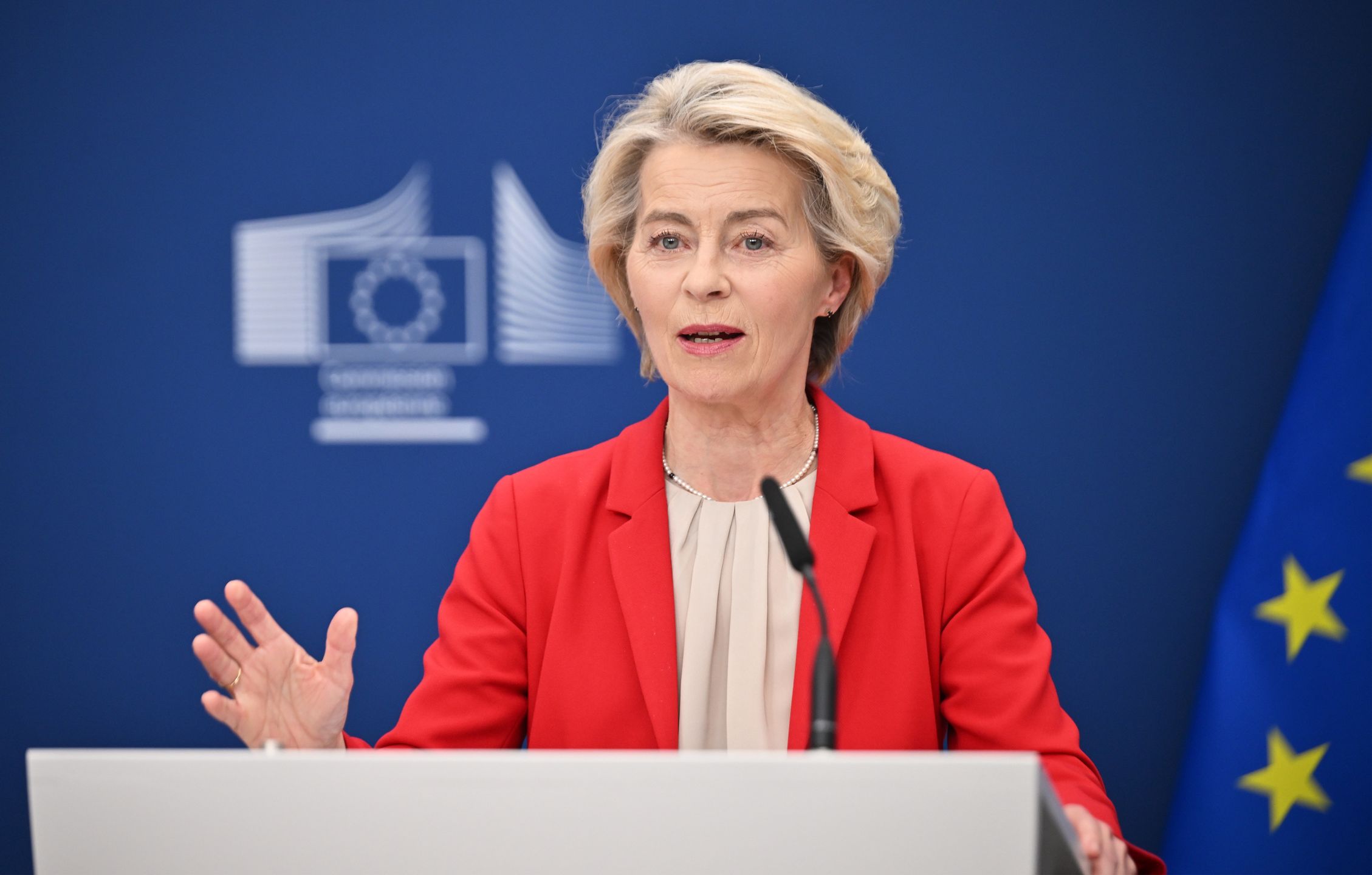 BRUSSELS, BELGIUM - JUNE 10: EU Commission President Ursula von der Leyen and EU High Representative for Foreign Affairs and Security Policy Kaja Kallas (not seen) speak during a joint press conference on the 18th sanctions package against Russia in Brussels, Belgium on June 10, 2025. (Photo by Dursun Aydemir/Anadolu via Getty Images)