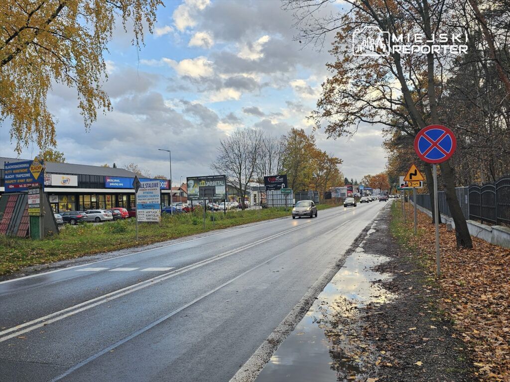 Ruchliwa ulica z pojazdami, wzdłuż której znajdują się sklepy i znaki drogowe, w otoczeniu jesiennych drzew.