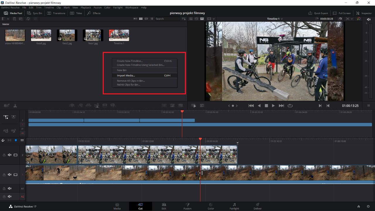 DaVinci Resolve: menu kontekstowe