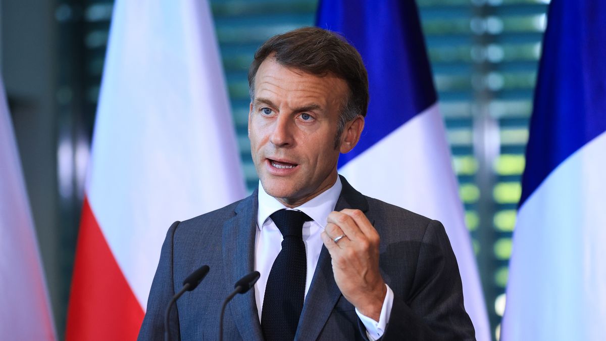 Emmanuel Macron, France's president, during a news conference following a meeting of the E5 and NATO at the Chancellery in Berlin, Germany, on Wednesday, June 24, 2026. Leaders of the so-called E5  Germany, France, the UK, Italy and Poland  are gathering to assemble a package of measures showcasing European allies' efforts to take more responsibility for their defense, according to people familiar with the matter. Photographer: Krisztian Bocsi/Bloomberg via Getty Images