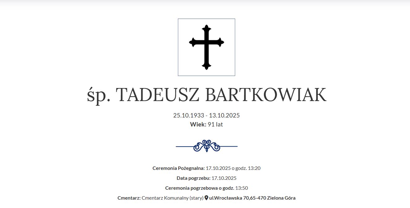 Nekrolog informujący o śmierci Tadeusza Bartkowiaka.