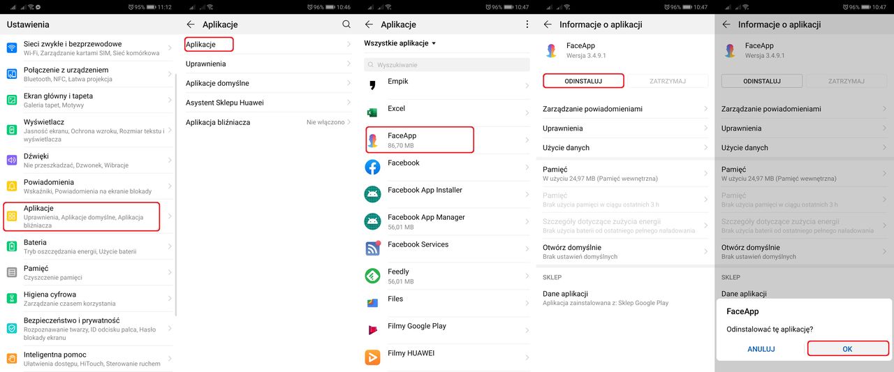 Usuwanie FaceApp z Androida z poziomu ustawień.