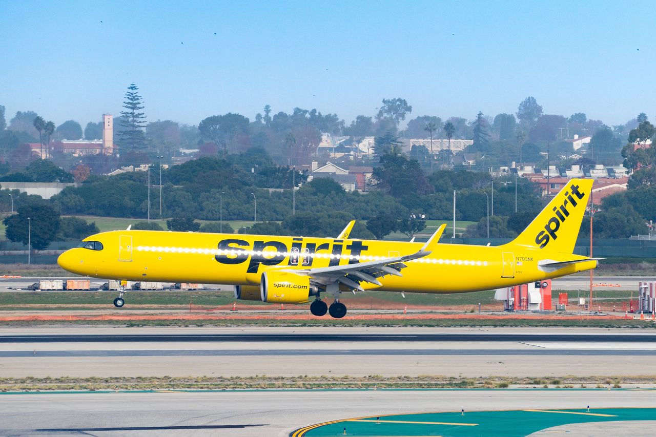 LOS ANGELES, CA - DECEMBER 29: Spirit Airlines Airbus A321-271NX arrives at Los Angeles International Airport on December 29, 2023 in Los Angeles, California.  (Photo by AaronP/Bauer-Griffin/GC Images)