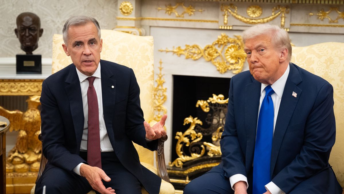 WASHINGTON,DC -   U.S. President Donald Trump met with Canadian Prime Minister Mark Carney in the Oval Office of the White House, Oct. 7, 2025, in Washington.(Photo by Sarah L. Voisin/The Washington Post via Getty Images)