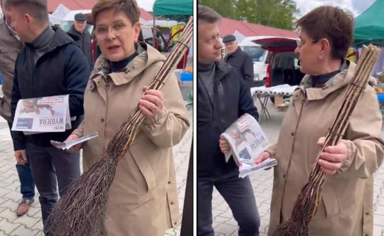 "Wymieciemy". Beata Szydło z miotłą na targu