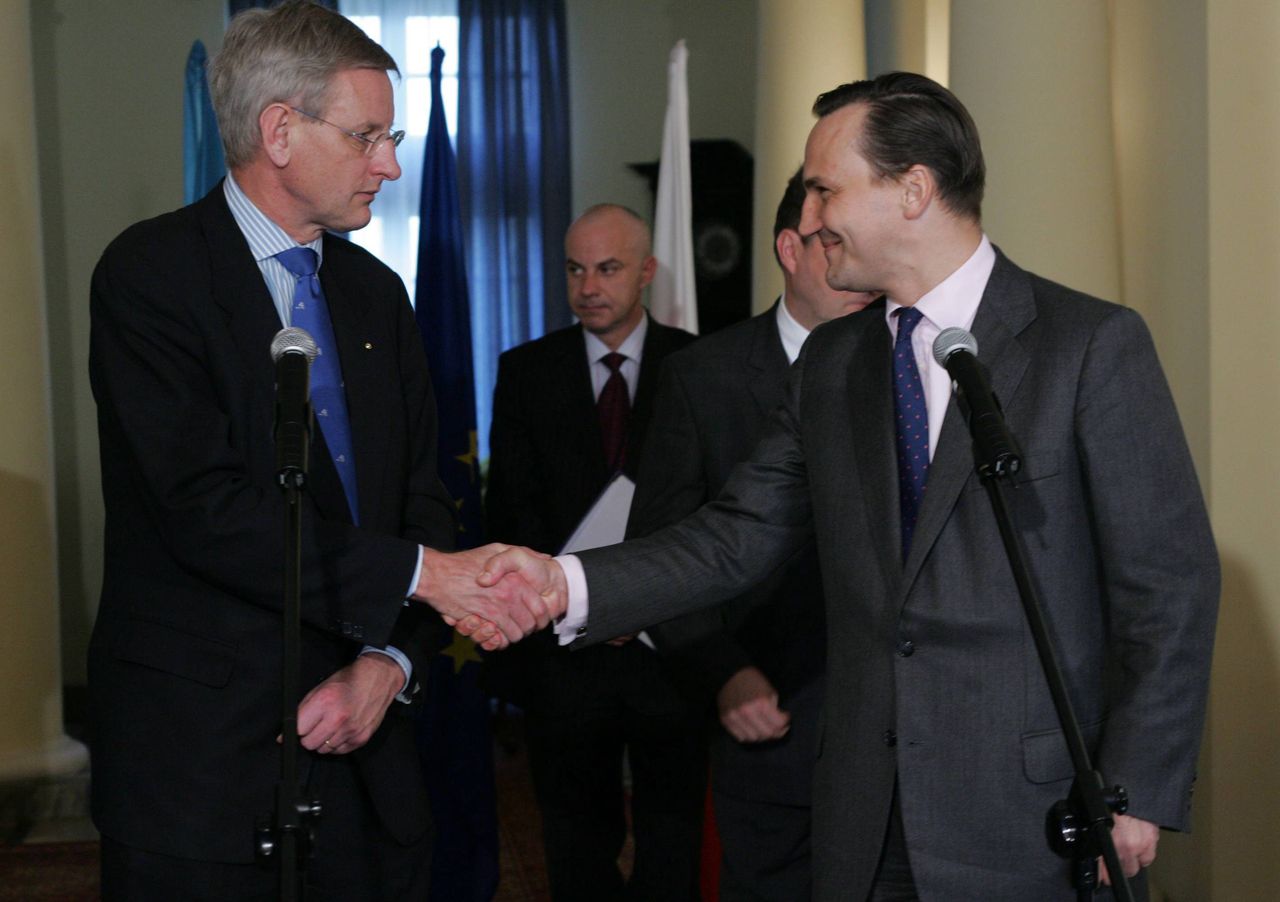 16.04.2008 r. Carl Bildt i Radosław Sikorski - wówczas szefowie MSZ Szwecji i Polski 