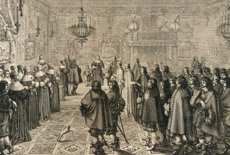 Podpisanie kontraktu ślubnego Ludwik Marii Gonzagi. Rycina Abrahama Bosse z 1645 roku