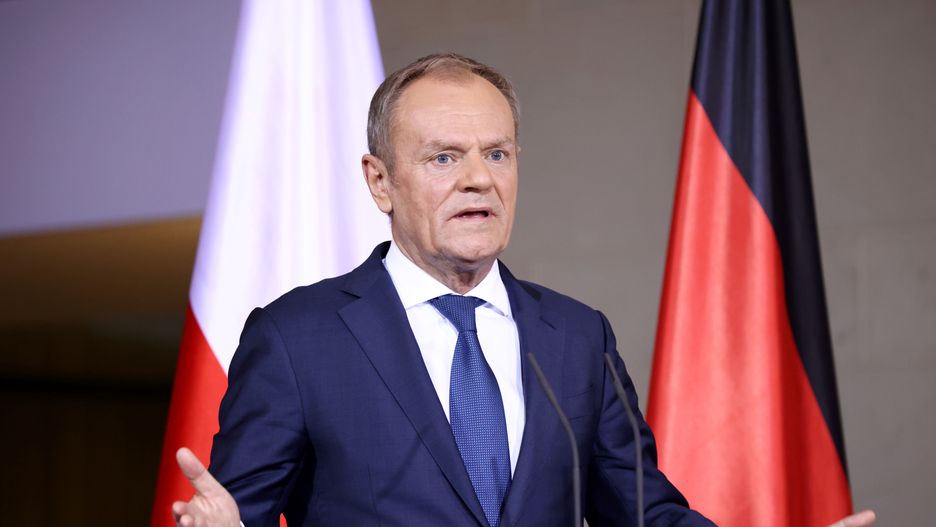 Donald Tusk, Poland's prime minister, during a news conference with Olaf Scholz, Germany's chancellor, at the Chancellery in Berlin, Germany, on Monday, Feb. 12, 2024. The three parties in Germany's unpopular ruling coalition suffered losses in Sunday's partial repeat in Berlin of the 2021 federal election, continuing a national trend that is likely to be repeated in four key votes this year. Photographer: Liesa Johannssen/Bloomberg via Getty Images