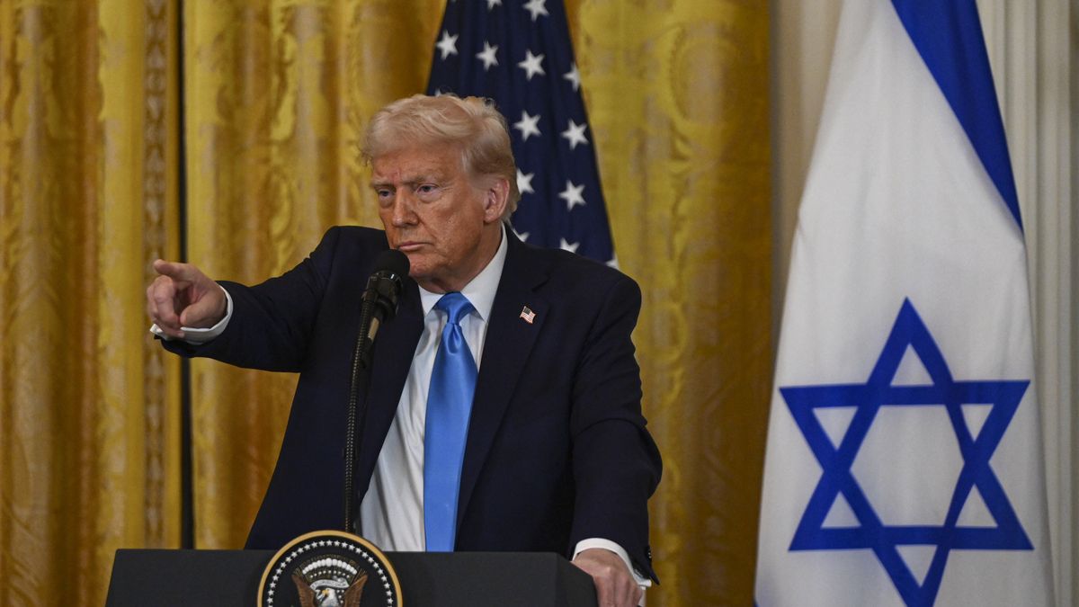 WASHINGTON D.C., UNITED STATES - FEBRUARY 04: United States President Donald Trump and Israeli Prime Minister Benjamin Netanyahu (not seen) hold a joint press conference in the East Room at the White House in Washington, D.C., United States on February 04, 2025. (Photo by Celal Gunes/Anadolu via Getty Images)