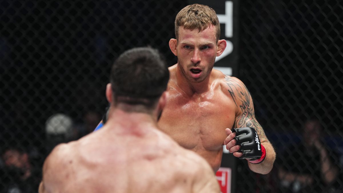 LAS VEGAS, NV - APRIL 01: Krzysztof Jotko fights against Will Fleury during the 2023 PFL 1 at The Theater at Virgin Hotels on April 1, 2023 in Las Vegas, Nevada. (Photo by Cooper Neill/Getty Images)